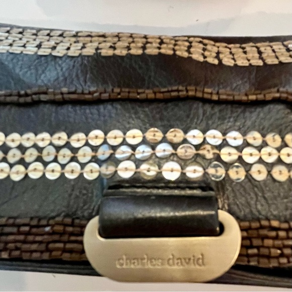 Designer Charles David Women’s Leather Clutch Taupe/Pewter Sequins Gold interior - Picture 5 of 13